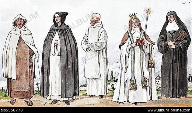 Kleidung, Mode der Mönche und Nonnen im Mittelalter, von links, Karmeliter im Kleid, Köhler im Gewand, Kartäuser im Haus, Kartäuser-Nonne mit dem Segensschmuck, Nonne des Ordens Maria Heimsuchung, eine sogenannte Salesianerin, digital verbesserte Reproduktion einer Illustration aus dem 19. Jahrhundert.