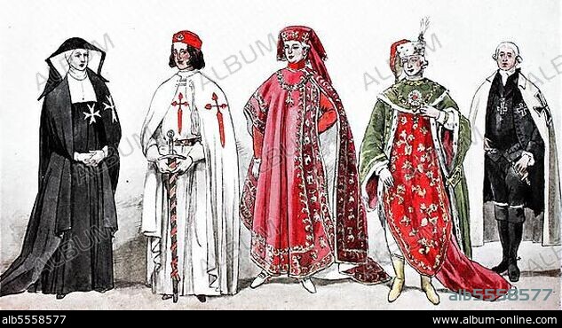 Kleidung, Mann Deutschen Ordens, digital verbesserte Reproduktion er Illustration 19. Jahrhert, Mode, Kostüme des Klerus und der religiösen Ritterorden vom 14. bis 18. Jahrhundert, von links, eine Ehrendame oder Andachtsdame des Johanniterordens aus dem 18. Jahrhundert, ein Ritter des spanischen Schwertordens San Jago, ein Ritter vom Goldenen Vlies, Ritter des St. Stephansordens von Ungarn.