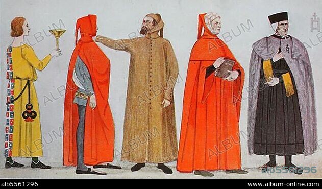 Kleidung, Mode in Italien, frühe Renaissance im 14. Jahrhundert, von links, ein junger Florentiner um 1350, dann ein Kapuzenmantel und Schnabelschuhe um 1370, ein langer Kapuzenmantel, dann eine Mantelkapuze und weite Ärmel, und ein Schreiber in einem langen Kleid und Mantel aus gewässerter Seide, ein Leiter eines Hospitals in Siena, digital restaurierte Reproduktion einer Originalvorlage aus dem 19. Jahrhundert.