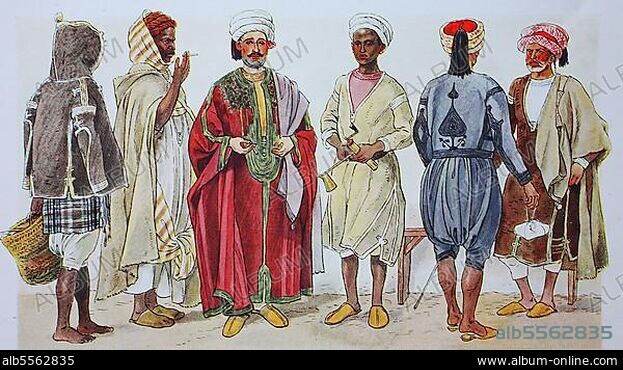 Kleidung, Mode in Tunesien, Tunis, um das 19. Jahrhundert, von links, ein Arbeiter in einer Kapuzenjacke, ein Angehöriger des Berberstammes, ein wohlhabender Tunesier aus der Hauptstadt, ein Kaffeehändler, zwei tunesische Bürger, digital restaurierte Reproduktion einer Originalvorlage aus dem 19. Jahrhundert.