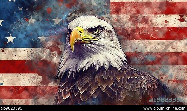Watercolor of american bald eagle over an american flag abstract background; generative AI.