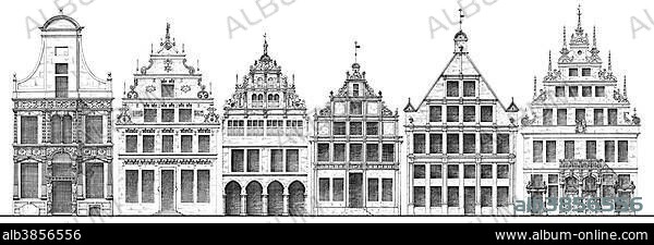 German Renaissance, architectural drawing, historical house facades from around 1880, town houses on Prinzipalmarkt square, Münster, North Rhine-Westphalia, Germany, Europe.