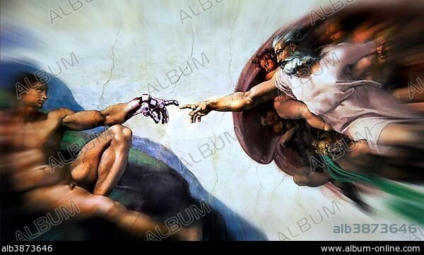 The Creation of Adam, Michelangelo, composed with robot hand.