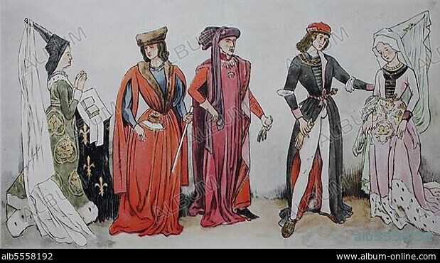 Kleidung, burgundische von 1425-1490, Kostüme am Hof, von lks, König Charlotte von Savoyen mit Henn, junger Höflg, Herzog Philipp der Gute der Tracht des Großmeisters des Ordens vom Goldenen Vlies und Erzherzog Maximilian und see Braut Maria von Burgund, digital verbesserte Reproduktion eer Illustration aus dem 19. Jahrhundert, Mode in Frankreich.