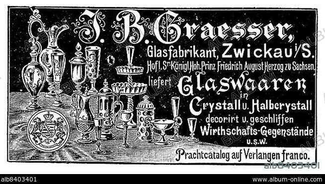 Advertisement of the company Graesser, glass manufacturer from Zwickau, 1890, Germany, Historic, digitally restored reproduction of an original from the 19th century, exact original date not known, Europe.