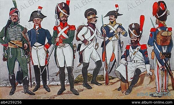 People in traditional costumes, fashion, clothes, uniforms in Europe, France from 1795-1815, illustration, France, Europe.