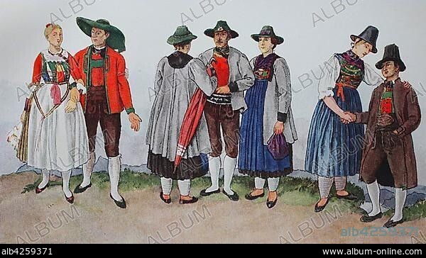 People in traditional costumes, fashion, costumes, clothes in Tyrol, South Tyrol around 1850, illustration, Tyrol.