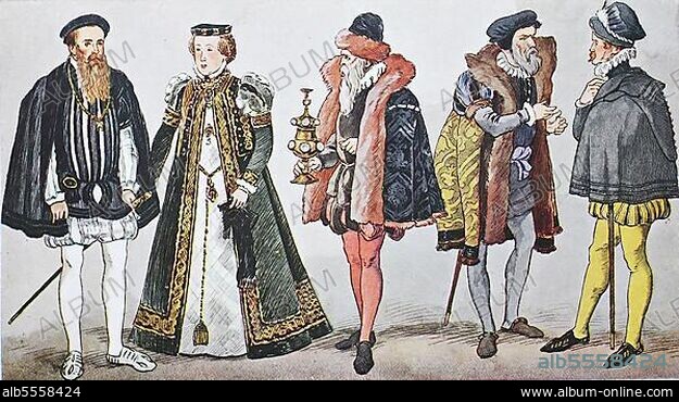 Mode, Kostüme, Kleidung in Deutschland während der spanischen Mode um 1550-1600, von links, Herzog Albrecht V. von Bayern und seine Gemahlin Herzogin Anna in der neuen spanischen Tracht, dann ein Goldschmiedemeister um 1560, dann ein deutscher Kaufmann in deutscher Tracht und ein deutscher Adliger in spanischer Tracht, digitale verbesserte Reproduktion nach einem Original aus dem Jahr 1900.
