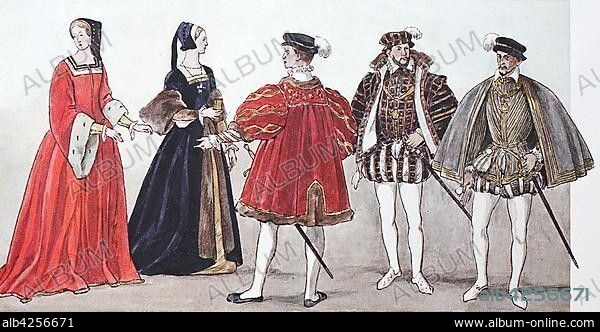 Clothing, fashion in France at the time of the Renaissance around 1500-1575, illustration, France, Europe.