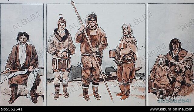 Kleidung, Mode der Eskimos, nördlichste Völker in der modernen Geschichte, von links, eine Giljake vom Amur in Ostsibirien, dann eine junge Frau, ein Mann und eine alte Frau der Grönländer Eskimo und eine Frau der Tschuktschen mit Kind aus der nördlichen Tundra Sibiriens, digital restaurierte Reproduktion einer Originalvorlage aus dem 19. Jahrhundert.