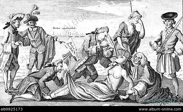 The Indian America is held by Lord Mansfield while Lord North forces bitter tea down her throat. In the background; Boston is being shelled with cannons. Published the day after the Boston Port Bill closed Boston Port in retaliation for the Boston Tea Party; Historic; digitally restored reproduction from a 19th century original.