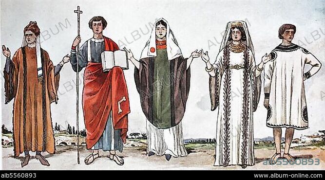 Kleidung, Mode in frühchristlicher Zeit, 300-600 n. Chr. von links, Dame mit Dalmatika, Evangelist in der Tracht des 5. Jahrhunderts, christliche Matrone in einem Gewand in Form der Kasulas der amtierenden Kleriker mit Kopftuch, vornehme Dame in Dalmatika mit Clave-Steifen und junger Mann in Tunika und Riemensandalen, digital verbesserte Reproduktion einer Illustration aus dem 19. Jahrhundert.