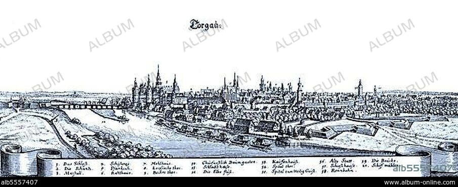 Torgau im Mittelalter, Sachsen, Deutschland, Historisch, digitale Reproduktion einer Originalvorlage aus dem 19. Jahrhundert.