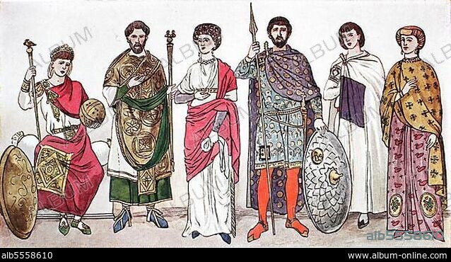 Kleidung, Mode am kaiserlichen Hof in Byzanz, 4. -5. Jahrhundert, von links, Kaiser Arcadius mit Globus, ein Konsul, Galla Placidia, Schwester von Kaiser Arcadius und Honorius, dann Kaiser Valentinian III, Sohn von Galla Pladicia, damals Gefährtin und Hofdame der Kaiserin, digital verbesserte Reproduktion einer Illustration aus dem 19. Jahrhundert.