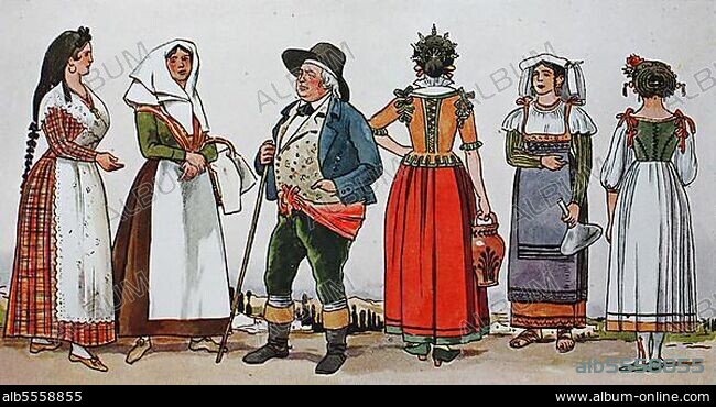 Mode, Kleidung in Italien, Süditalien, von 1800-1830, von links, Frau aus Lerici, Golf von Spezia, Bäuerin aus den Bergen bei Pistoja, Vertreterin im Markt- und Landhandel aus der Gegend von Florenz, Mädchen aus Mailand, Ciocciara, Alpenbewohnerinnen aus Fondi, Provinz Caserta und ein Mädchen aus Padua, digital verbesserte Reproduktion einer Illustration aus dem 19. Jahrhundert.