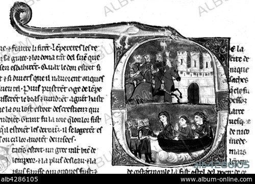 William of Tyre, "History of Deeds done beyond the Sea", Accra, ca. 1275-91, f° 22 : Above : Siege of Nicea by Godefroy de Bouillon; below: the wife of Kilidj Arslan attempts to flee by boat. She is captured.. 13th. CrusadesParis, Bibliothèque Nationale.