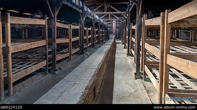 Auschwitz, Poland - 15 September, 2021: view of the interior of one of the wooden prisoner barracks in the Auschwitz concentration camp in Poland.
