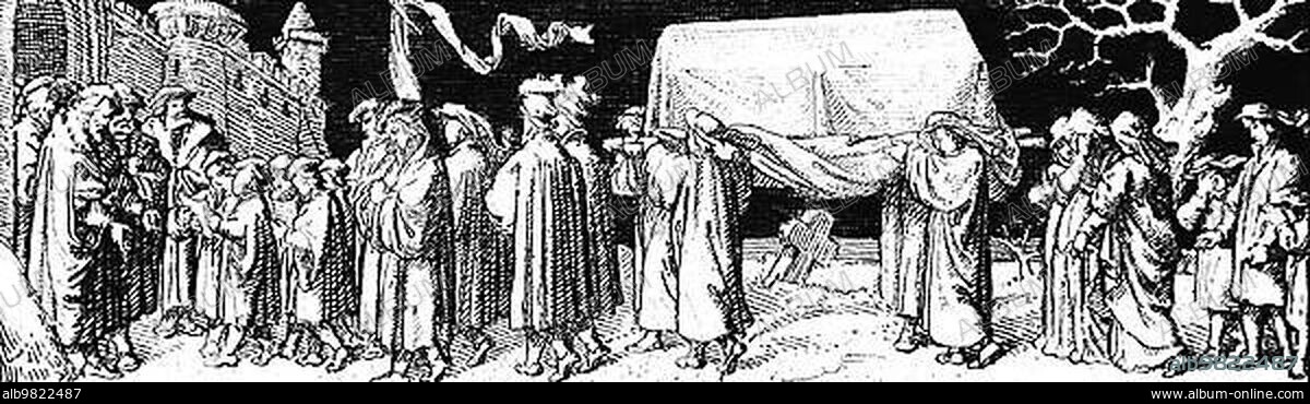 Martin Luther's funeral in 1546; death; mourning; funeral procession; mourners; coffin; tears; crying; cross; flags; bearers; priests; children; choir singing; walking; outdoors; many people; castle; religion; Protestantism; 16th century; historical illustration circa 1860.