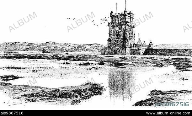 Torre de Belém, Bélem Tower, Middle Ages, Tagus, riverbank, Lisbon, mountains, battlements, castle wall, Portugal, historical illustration around 1898, Europe.