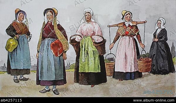 People in traditional costumes, fashion, costumes, clothing in Belgium in the 19th century, illustration, Belgium, Europe.
