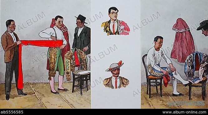 Mode, Kleidung bei den Stierkämpfen in Spanien in der modernen Geschichte, von links, die Faja, die Seidenbinde wird gebunden, dann ein Matador, ein Picador, und ein Torero oder Toreador beim Ankleiden, digital verbesserte Reproduktion einer Illustration aus dem 19. Jahrhundert.
