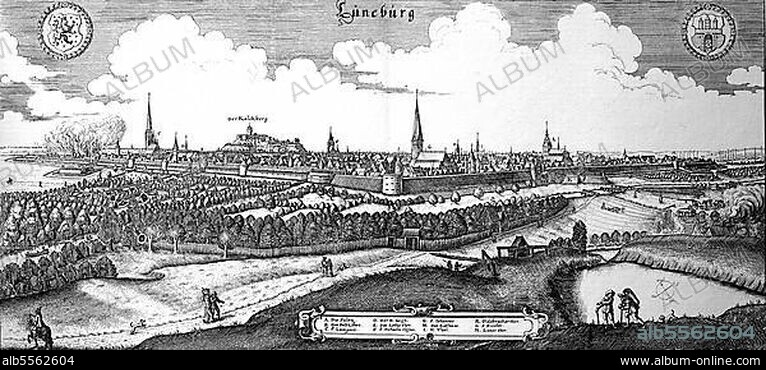 Lüneburg im Mittelalter, Niedersachsen, Deutschland, Historisch, digital restaurierte Reproduktion einer Originalvorlage aus dem 18. Jahrhundert, genaues Originaldatum nicht bekannt.