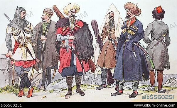 Mode, Kleidung, Trachten im südwestlichen Kaukasus und Armenien im 19. Jahrhundert, von links, kaukasischer Gardist um 1870, ein Tscherkesse um 1800, ein kaukasischer Dorfvorsteher um 1870, ein Ubuch oder Ubyck von einem tscherkessischen Stamm um 1850, ein Tscherkesse im nationalen Langrock um 1850 und ein Abaseeh, ein Tscherkesse eines nördlichen Stammes, digitale Reproduktion einer Originalvorlage aus dem 19. Jahrhundert, Originaldatum nicht bekannt.