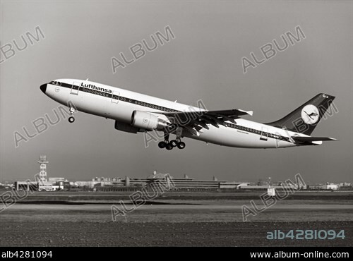 An Airbus A300B4-600 aircraft from the German airline Lufthansa at take-off.. June 1987.