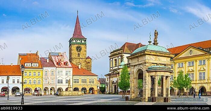 Picturesque historic arbour houses; the Valdice Gate; St James' Church; Wallenstein's Castle; the Coronation Fountain; St Mary's Column and the Amphitrite Fountain characterise the architectural image on Wallenstein Square; the local town square; 22 April 2014; Jicin in the Bohemian Paradise; Kralovehradecky kraj (King's Hradec Kralovehradecky Region); Czech Republic; Europe.