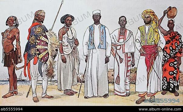 Kleidung, Mode in Afrika, Zentral- und Ostafrika, von links, eine nubische Tänzerin, ein abessinischer Häuptling mit prächtigem Mantel, eine Somalierin, ein Suaheli-Neger in Festtagstracht, eine Suaheli-Frau in Festtagstracht, ein Araber aus Sansibar und ein Wasserträger aus Sansibar, digital restaurierte Reproduktion einer Originalvorlage aus dem 19. Jahrhundert.