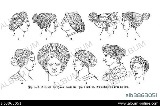 Greek and Roman hairstyles, illustration from Meyers Konversationslexikon, a German encyclopedia, 1897.