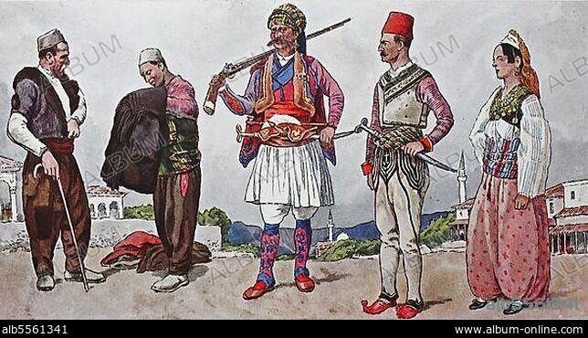 Mode, um das 19. Jahrhundert, von lks, zwei Kleiderhändler aus Tirana der Tracht der Pelikaren, damals mohammedanische Albaner oder Arnaute unter der Türkenherrschaft, dann nordalbanische Türken und ee Frau aus Prizren, Kossowa, digital verbesserte Reproduktion eer Illustration aus dem 19. Jahrhundert, Kleidung in Albanien.