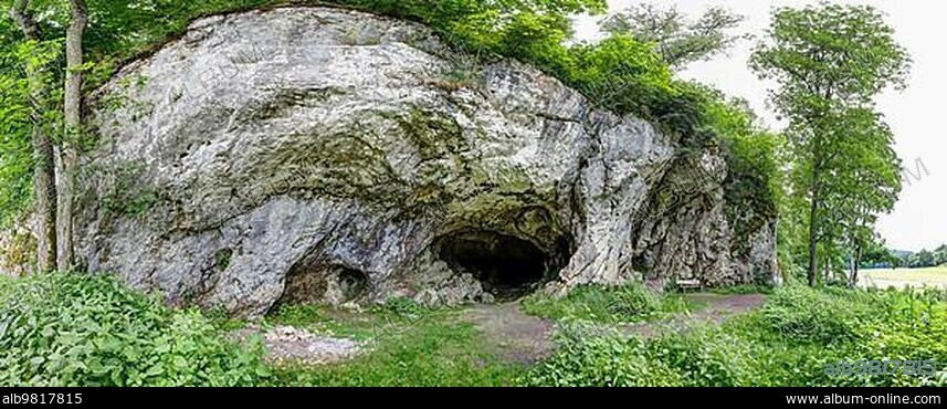 Hohlenstein-Stadel cave in the Swabian Alb; Eiszeit cave; site of the Lion Man; ivory figure from the Palaeolithic period; oldest human sculpture in human history. Asselfingen; Baden-Württemberg; Germany; Europe.
