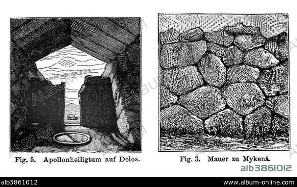 Sanctuary of Apollo at Delos, wall of Mykena, illustration, Meyers Konversations-Lexikon encyclopedia, 1897.