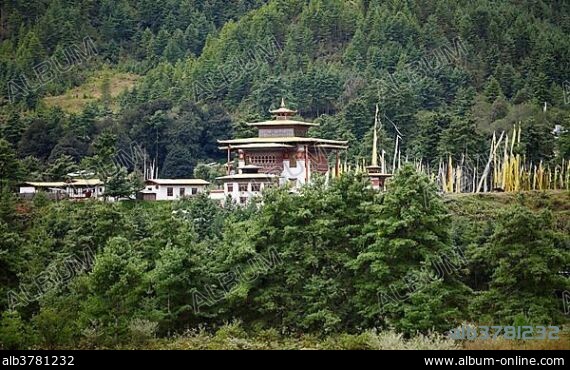 Buddhist monastery Kurjey Lhakhang, Jakar, Bumthang Valley, Bhutan, Asia.