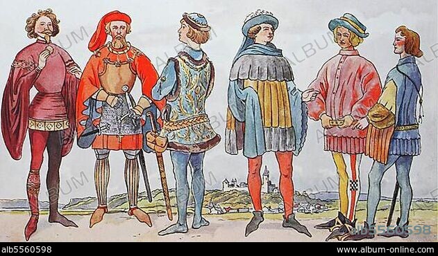 Kleidung, Mode in Deutschland unter burgundischem Einfluss im 15. Jahrhundert, von links, Herr mit eng anliegender Jacke, ein ritterlicher Herr, dann niederrheinische Tracht, dann ein Herr und ein Jüngling in wattierter Jacke, digital restaurierte Reproduktion einer Originalvorlage aus dem 19. Jahrhundert.