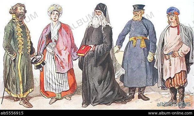 Mode, Kleidung, Volkstrachten in Russland, 19. Jahrhundert, von links, ein Dorfvorsteher und seine Frau, ein griechisch-orthodoxer Mönch, ein Lohnkutscher und ein junger großrussischer Bauer, digital restaurierte Reproduktion einer Originalvorlage aus dem 19. Jahrhundert.