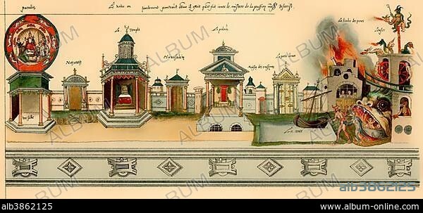 Historical print from the 19th century, from a manuscript by Hubert Cailleau, 1547, scenery of a theatre stage, Passion Play in Valenciennes, Nord-Pas-de-Calais, France, Europe.
