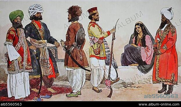 Kleidung, Mode in Indien, von 1600-1800, in Belutschistan und Afghanistan, von links, zwei Chans, Häuptlinge aus Belutschistan, dann ein Soldat von der Grenze zwischen Belutschistan und Afghanistan, ein Bergbewohner aus Belutschistan, dann eine Frau aus Karbul und ein Hindu aus Peschawar, digital restaurierte Reproduktion einer Originalvorlage aus dem 19. Jahrhundert.