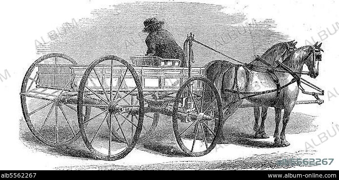 Ein automatischer Zügelhalter am Wagen des Pferdegespanns, der die Pferde zum Anhalten zwingt, wenn der Kutscher absteigt, Amerika um 1870, Historisch, digital restaurierte Reproduktion einer Originalvorlage aus dem 19. Jahrhundert, genaues Originaldatum nicht bekannt.