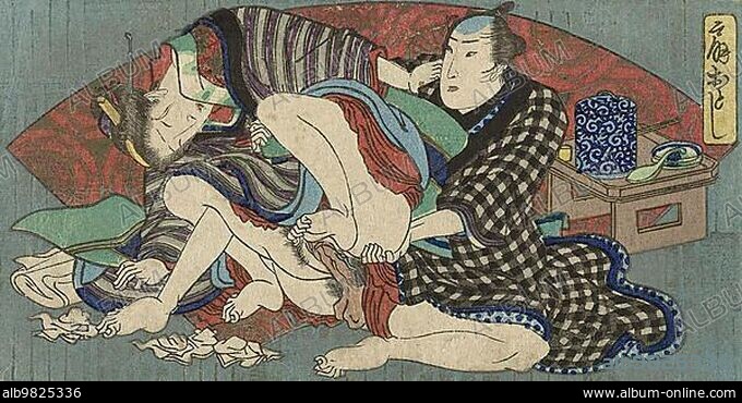 Ogiotoshi; the throwing fan; Kama Sutra; eroticism; sex; erotic depiction from 1850; Japan; Historical; digitally restored reproduction from a 19th century original; Asia.
