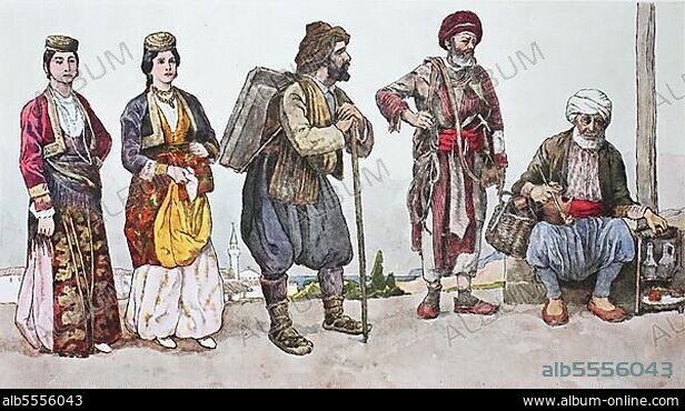 Mode, Kleidung, Trachten im südwestlichen Kaukasus, von links, eine Frau aus Armenien, dann eine Frau aus Griechenland, dann ein Grieche mit Baschlikturban und ein griechischer Pferdehändler aus Trabezunt und ein Straßenverkäufer mit Kaffee, digitale Reproduktion einer Originalvorlage aus dem 19. Jahrhundert, Originaldatum nicht bekannt.