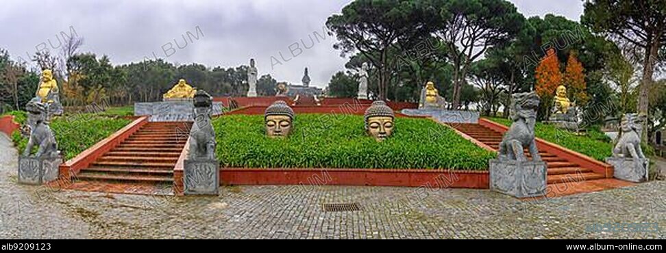 Carvalhal Bombarral, Portugal - 13 December 2020: buddha statues in the famous Bacalhoa Buddha Eden Garden in central Portugal.
