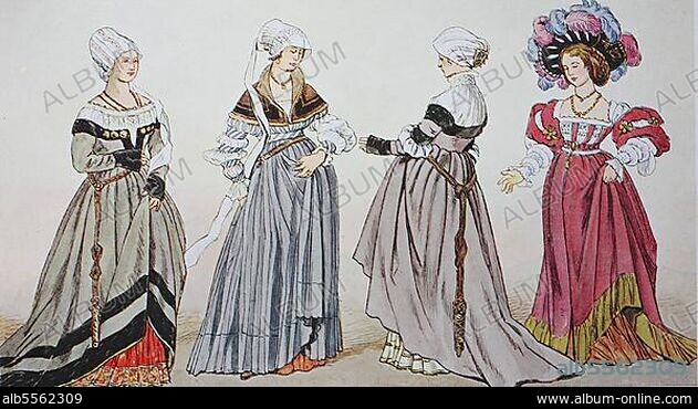 Kleidung, Mode in Deutschland während der Reformation um 1500-1530, Basler Bürgertracht um 1530, nach den Tuschezeichnungen von Hans Holbein im Museum zu Basel, digital restaurierte Reproduktion einer Originalvorlage aus dem 19. Jahrhundert.