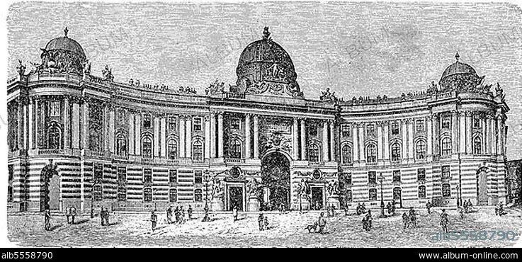 Abschnitt der Hofburg Neue Burg, 1888, gesehen vom Heldenplatz, Wien, Österreich, Historisch, digital restaurierte Reproduktion einer Originalvorlage aus dem 19. Jahrhundert.