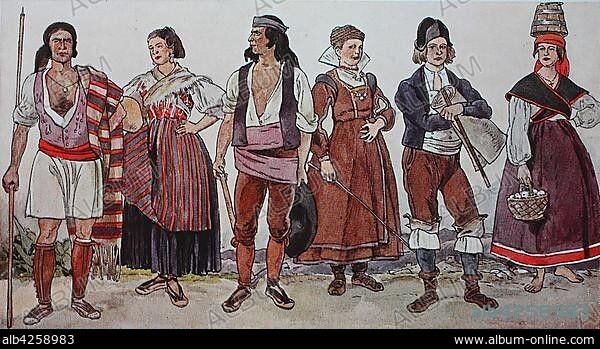 People in traditional costumes, fashion, clothing in Spain from 1810-1830, illustration, Spain, Europe.