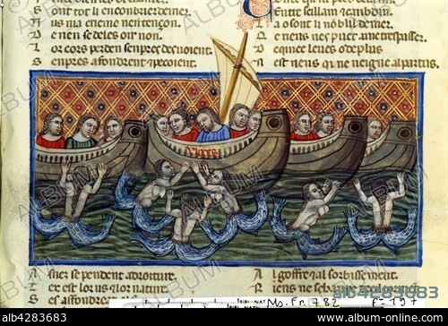 The roman de Troie, by Benoit de Sainte More. Mermaids accompanying the boats. 15th century. Miniature. Paris. Bibliothèque nationale.
