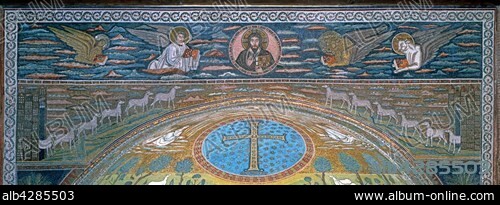 Basilica of Sant'Apollinare in Classe, Ravenna. In the apse, mosaic representing the Transfiguration, Saint Apollinaris decorating it, Moses and the prophet Elijah on each side. On the arch, the representation of the holy cities of Jerusalem and Bethlehem, from which the apostles symbolized by lambs emerge. Above, on the frieze, a representation of Christ in a medallion, framed by the symbols of the four Evangelists.. 6th century.. Built in the 6th century, the basilica was consecrated in 549 by Bishop Maximianus of Ravenna and dedicated to Apollinaris, first Bishop of Ravenna.