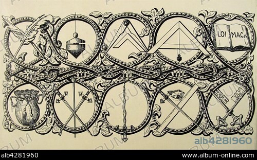 Henri Tattegrain. The Jewels of the Lodge Officers. Interwar period. Original pen and ink drawing (13 cm x 22 cm). Each of the 10 offices can be recognized by the given tool or emblematic insignia.. Paris, musée de la Franc-Maçonnerie.