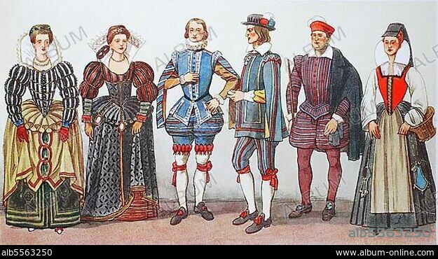 Mode, Kostüme, Kleidung in Frankreich zur Zeit der spanischen Mode und Heinrich III. um 1575-1590, adlige Damen und Pagen, von links, zwei adlige Damen, ein Page des Königs, ein livriertes Dienstmädchen am königlichen Hof, ein Lakai eines adligen Hauses und eine Magd oder Haushälterin, digitale verbesserte Reproduktion nach einem Original aus dem Jahr 1900.